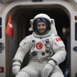 A faceless Turkish astronaut in a spacesuit adorned with the Turkish flag on the chest and sleeve, floating inside a spaceship, savoring Raki from a traditional Raki glass.