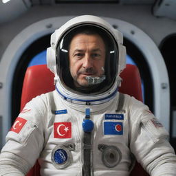 A faceless Turkish astronaut in a spacesuit adorned with the Turkish flag on the chest and sleeve, floating inside a spaceship, savoring Raki from a traditional Raki glass.