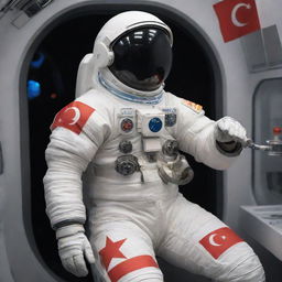 A faceless Turkish astronaut in a spacesuit adorned with the Turkish flag on the chest and sleeve, floating inside a spaceship, savoring Raki from a traditional Raki glass.