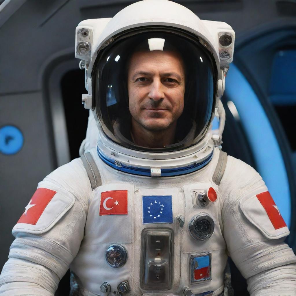 A faceless Turkish astronaut in a spacesuit adorned with the Turkish flag on the chest and sleeve, floating inside a spaceship, savoring Raki from a traditional Raki glass.