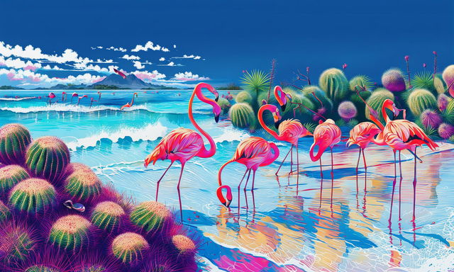 Vibrant beach scene with azure waves, golden sun, pink flamingos and green cacti.