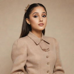 Ariana Grande portrayed in a classical fashion aesthetic, dressed in an elegantly styled vintage outfit, spotlighted in a neutral background