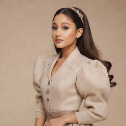 Ariana Grande portrayed in a classical fashion aesthetic, dressed in an elegantly styled vintage outfit, spotlighted in a neutral background