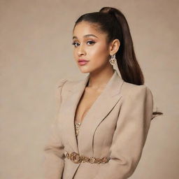 Ariana Grande portrayed in a classical fashion aesthetic, dressed in an elegantly styled vintage outfit, spotlighted in a neutral background