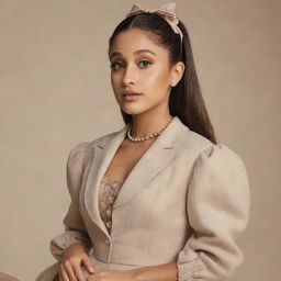 Ariana Grande portrayed in a classical fashion aesthetic, dressed in an elegantly styled vintage outfit, spotlighted in a neutral background