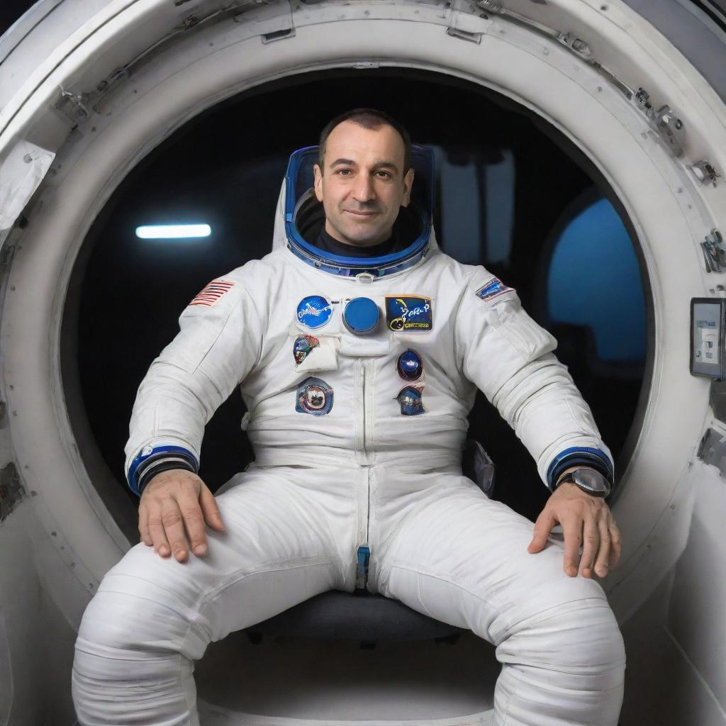 Alper Gezeravci, in his astronaut gear, is seated comfortably in a high-tech spaceship, relishing a glass of Raki in zero gravity.