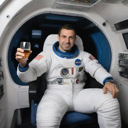 Alper Gezeravci, in his astronaut gear, is seated comfortably in a high-tech spaceship, relishing a glass of Raki in zero gravity.