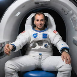 Alper Gezeravci, in his astronaut gear, is seated comfortably in a high-tech spaceship, relishing a glass of Raki in zero gravity.