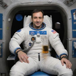 Alper Gezeravci, in his astronaut gear, is seated comfortably in a high-tech spaceship, relishing a glass of Raki in zero gravity.