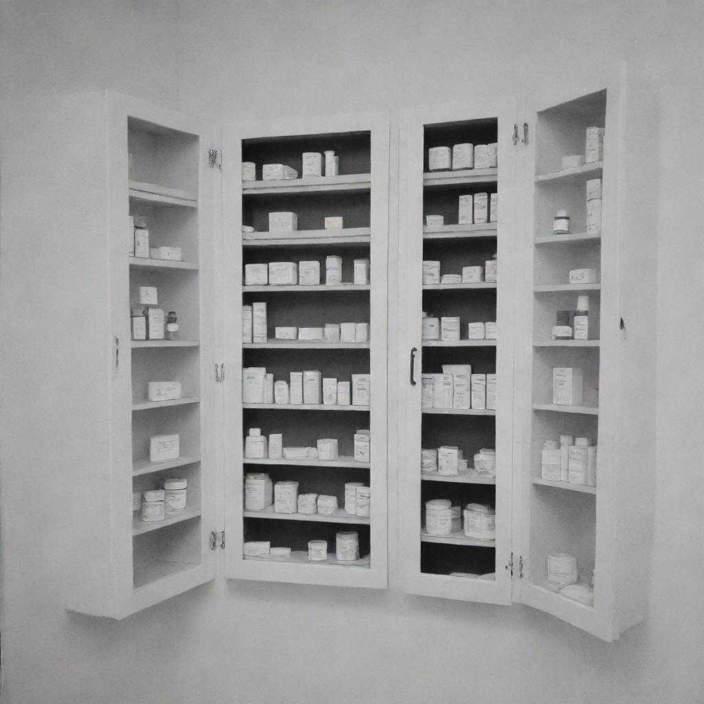 A black and white design of pharmacy's medicine cabinets and holders.