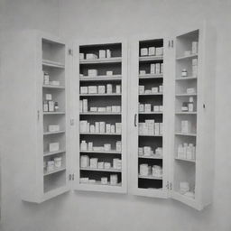 A black and white design of pharmacy's medicine cabinets and holders.