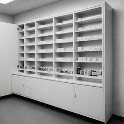 A black and white design of pharmacy's medicine cabinets and holders.