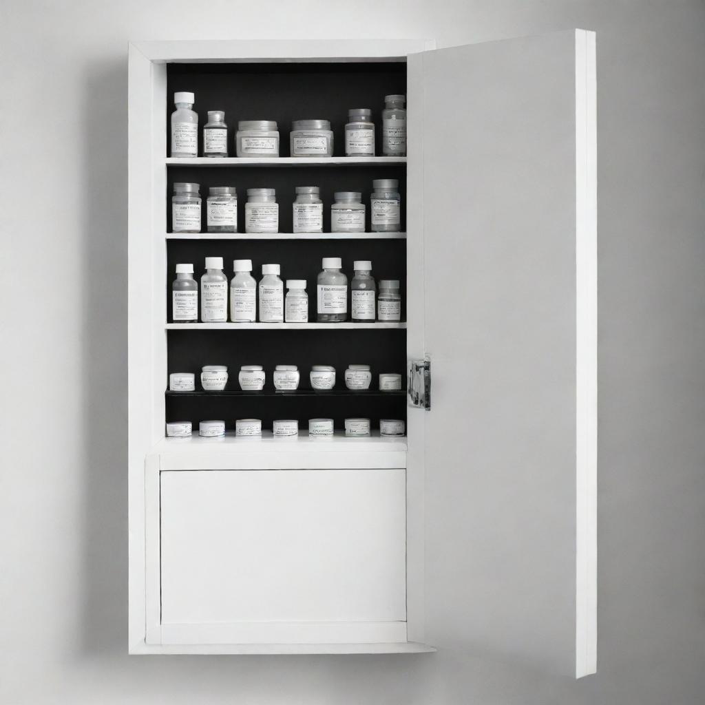 A black and white design of pharmacy's medicine cabinets and holders.