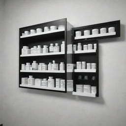 A black and white design of pharmacy's medicine cabinets and holders.