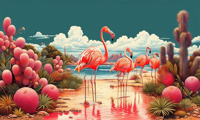 Detailed beach scene with anatomically accurate flamingos and cacti against azure waves and golden sun.