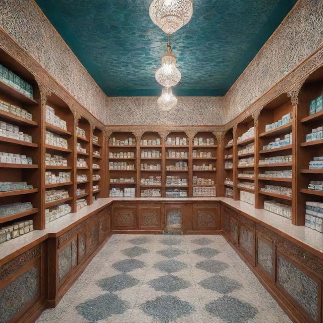 Modern Moroccan pharmacy booths in the year 2024 with intricate designs and motifs. Showcase bright, colorful, clean packed shelves full of medicine boxes and a friendly pharmacist.