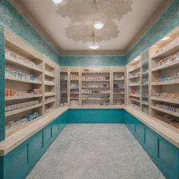 Modern Moroccan pharmacy booths in the year 2024 with intricate designs and motifs. Showcase bright, colorful, clean packed shelves full of medicine boxes and a friendly pharmacist.