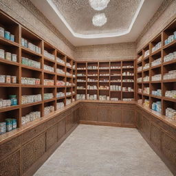 Modern Moroccan pharmacy booths in the year 2024 with intricate designs and motifs. Showcase bright, colorful, clean packed shelves full of medicine boxes and a friendly pharmacist.