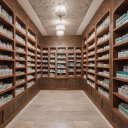 Modern Moroccan pharmacy booths in the year 2024 with intricate designs and motifs. Showcase bright, colorful, clean packed shelves full of medicine boxes and a friendly pharmacist.