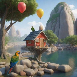 A riverside landscape featuring a parrot perched on a tree, a small, cozy hut with a couple inside, a balloon lying next to a collection of beautifully colored stones. Render this scene in a realistic style.