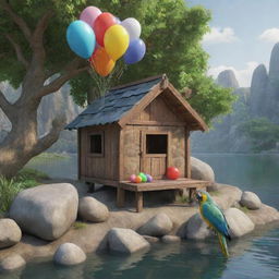 A riverside landscape featuring a parrot perched on a tree, a small, cozy hut with a couple inside, a balloon lying next to a collection of beautifully colored stones. Render this scene in a realistic style.