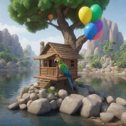 A riverside landscape featuring a parrot perched on a tree, a small, cozy hut with a couple inside, a balloon lying next to a collection of beautifully colored stones. Render this scene in a realistic style.