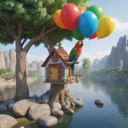 A riverside landscape featuring a parrot perched on a tree, a small, cozy hut with a couple inside, a balloon lying next to a collection of beautifully colored stones. Render this scene in a realistic style.