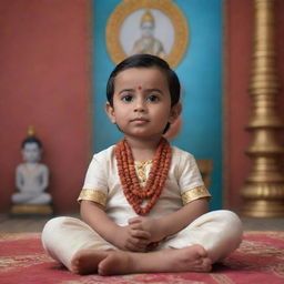 A realistic 3D image of a cute guy named Gagan, sitting reverently in front of an image or idol of Lord Rama. He is dressed in traditional Indian attire, and there is a serene expression on his face.