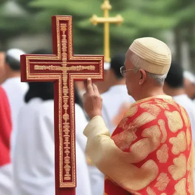 During the religious ceremony, the priest held a beautifully adorned tau cross, representing the sacrifice and salvation of Jesus Christ.