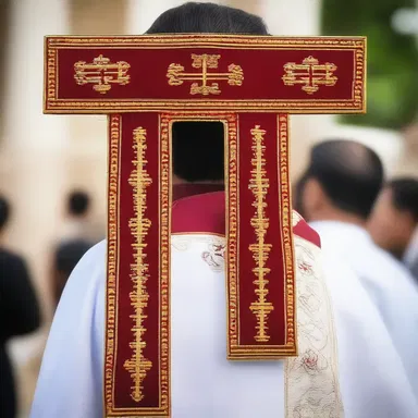 During the religious ceremony, the priest held a beautifully adorned tau cross, representing the sacrifice and salvation of Jesus Christ.
