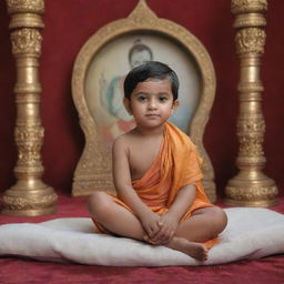 A realistic 3D image of a cute guy named Gagan, sitting reverently in front of an image or idol of Lord Rama. He is dressed in traditional Indian attire, and there is a serene expression on his face.