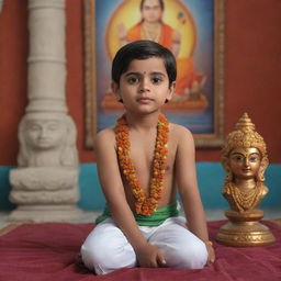 A realistic 3D image of a cute guy named Gagan, sitting reverently in front of an image or idol of Lord Rama. He is dressed in traditional Indian attire, and there is a serene expression on his face.