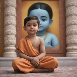 A realistic 3D image of a cute guy named Gagan, sitting reverently in front of an image or idol of Lord Rama. He is dressed in traditional Indian attire, and there is a serene expression on his face.