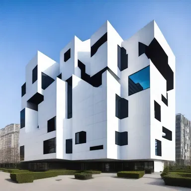 The modern building is characterized by its cube-shaped design, with each floor resembling a cube.