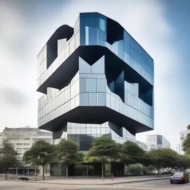The modern building is characterized by its cube-shaped design, with each floor resembling a cube.