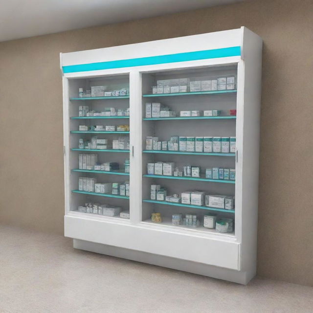 Modern medicine cabinets for pharmacies in Iraq, as envisioned for the year 2024.