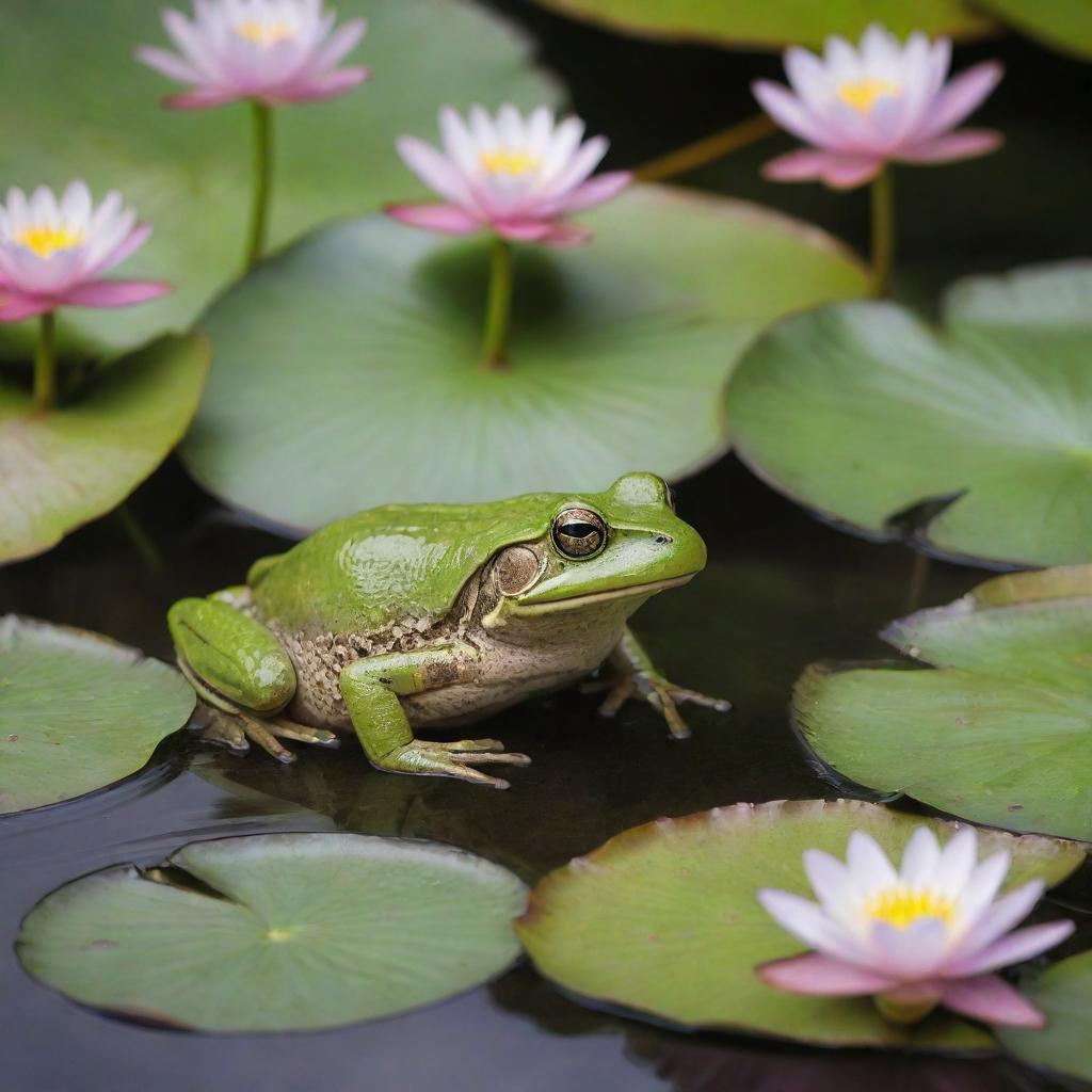 A vibrant female frog sits by an idyllic pond, surrounded by lush greenery and blooming water lilies.