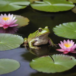 A vibrant female frog sits by an idyllic pond, surrounded by lush greenery and blooming water lilies.