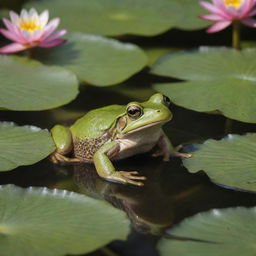 A vibrant female frog sits by an idyllic pond, surrounded by lush greenery and blooming water lilies.