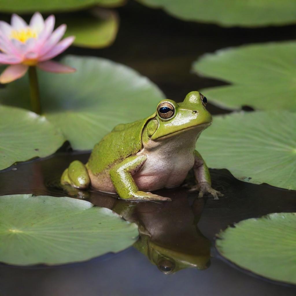 A vibrant female frog sits by an idyllic pond, surrounded by lush greenery and blooming water lilies.