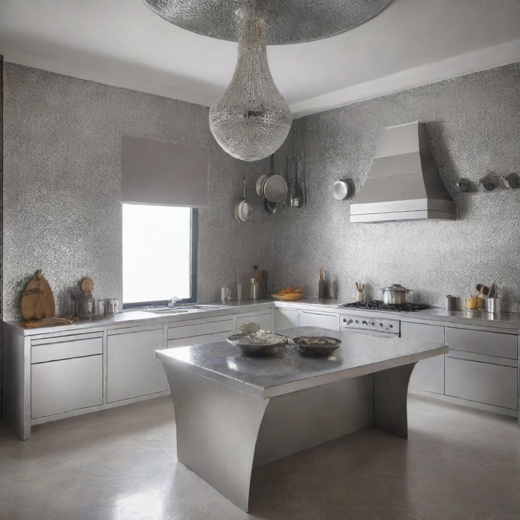 A futuristic Moroccan kitchen designed with aluminium finishes in the year 2024.