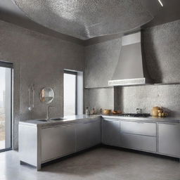 A futuristic Moroccan kitchen designed with aluminium finishes in the year 2024.