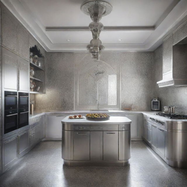 A futuristic Moroccan kitchen designed with aluminium finishes in the year 2024.