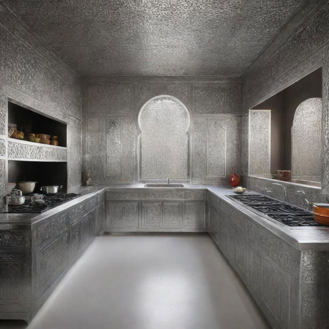 A futuristic Moroccan kitchen of the year 2024, featuring aluminum accents, measuring 4x4 meters.