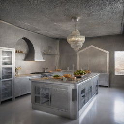 A futuristic Moroccan kitchen of the year 2024, featuring aluminum accents, measuring 4x4 meters.