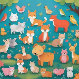 Design a colorful world filled with cute, smiling animals in vibrant colors, creating a captivating and inspiring atmosphere for children to imagine their own stories.