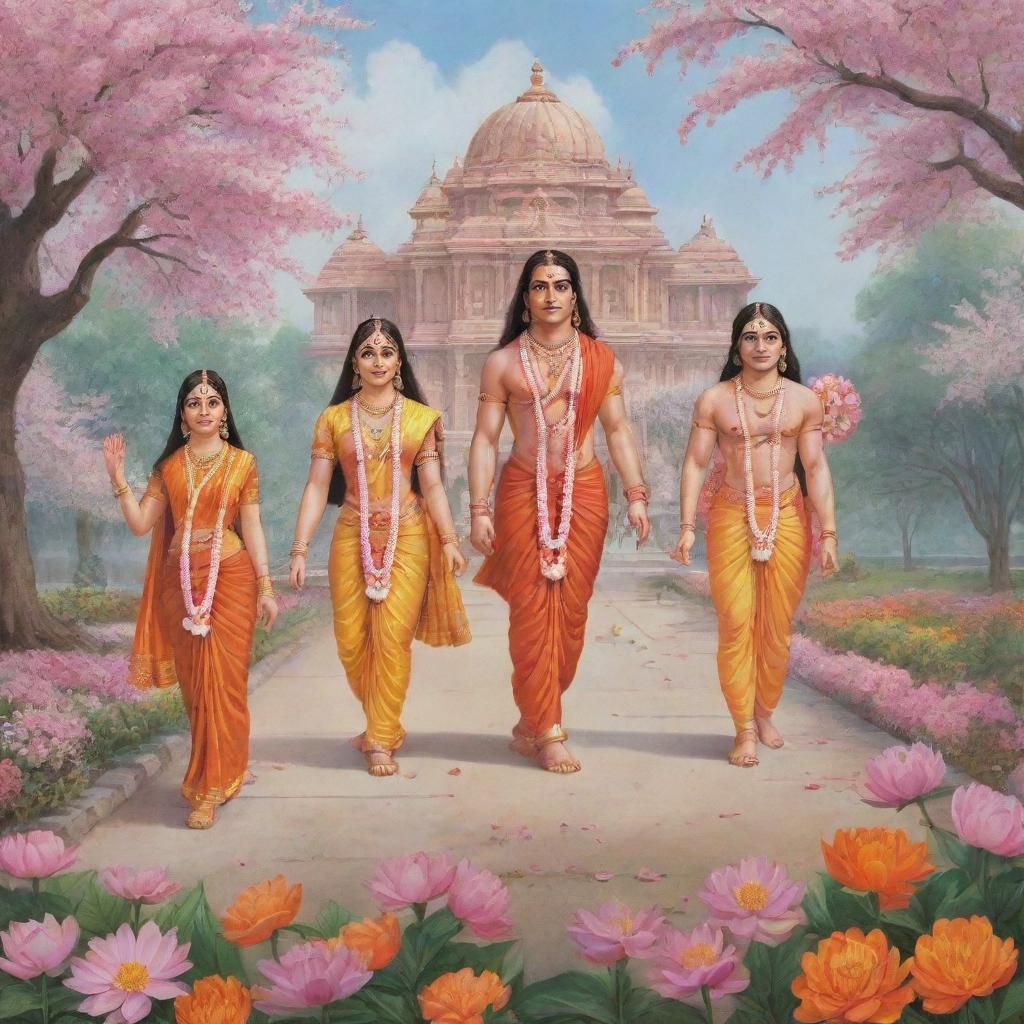 Illustration of Shree Ram, Mata Sita, Laxman, and Hanuman approaching the Ayodha Mandir, surrounded by beautiful blooming flowers.