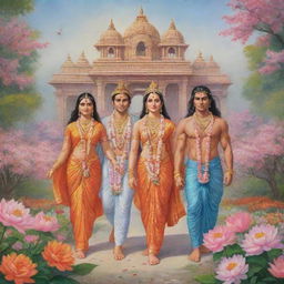 Illustration of Shree Ram, Mata Sita, Laxman, and Hanuman approaching the Ayodha Mandir, surrounded by beautiful blooming flowers.