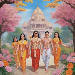 Illustration of Shree Ram, Mata Sita, Laxman, and Hanuman approaching the Ayodha Mandir, surrounded by beautiful blooming flowers.