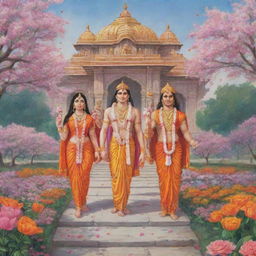 Illustration of Shree Ram, Mata Sita, Laxman, and Hanuman approaching the Ayodha Mandir, surrounded by beautiful blooming flowers.